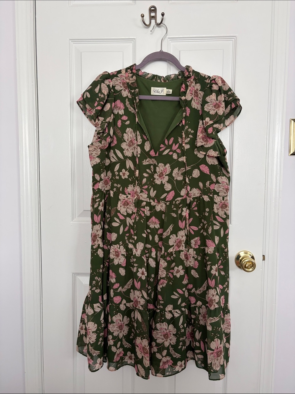 Eliza J Olive Green Floral Mini Dress with Pink Flowers